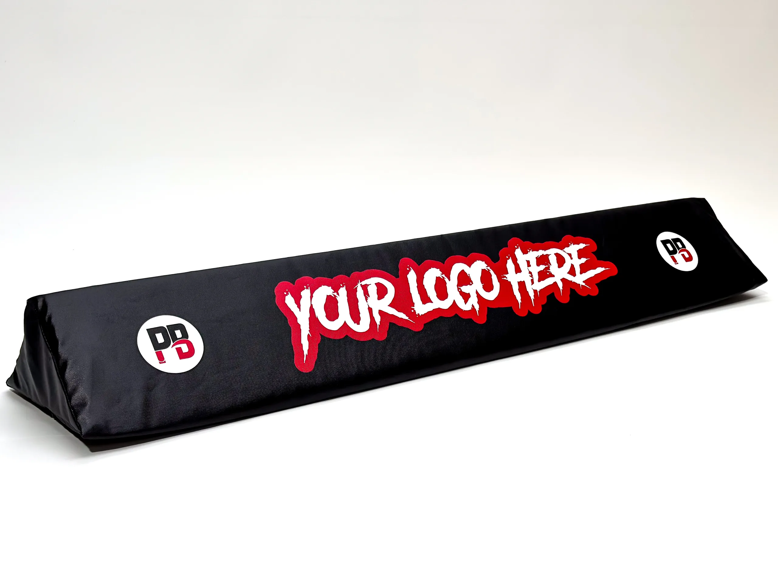 Black bar pad displaying "YOUR LOGO HERE" in red and white. Two circular logos on a plain white background.